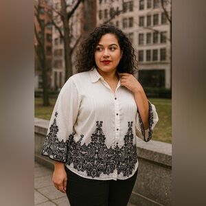 East 5th Blouse Womens 1X White Elegant City Whimsigoth Silhouette Kimono Sleeve